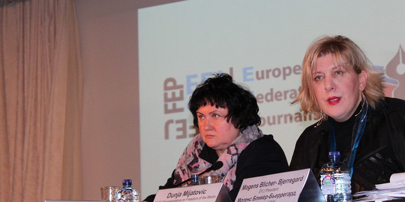 (on the right) Dunja Mijatović, the OSCE Representative on Freedom of the Media gave the keynote speech at the EFJ Annual Meeting in Moscow on 20 November. © EFJ/Yuk Lan Wong