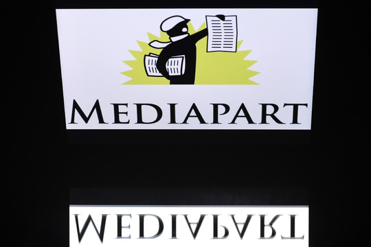 A picture taken on December 28, 2016 in Paris shows the logo of Mediapart, an independant news website.