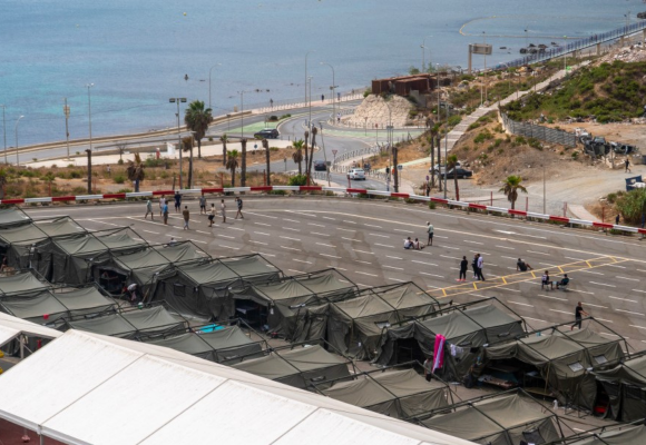 Temporary shelters for migrants are pictured in Ceuta on August 27, 2026