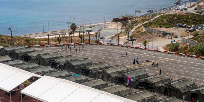 Temporary shelters for migrants are pictured in Ceuta on August 27, 2026